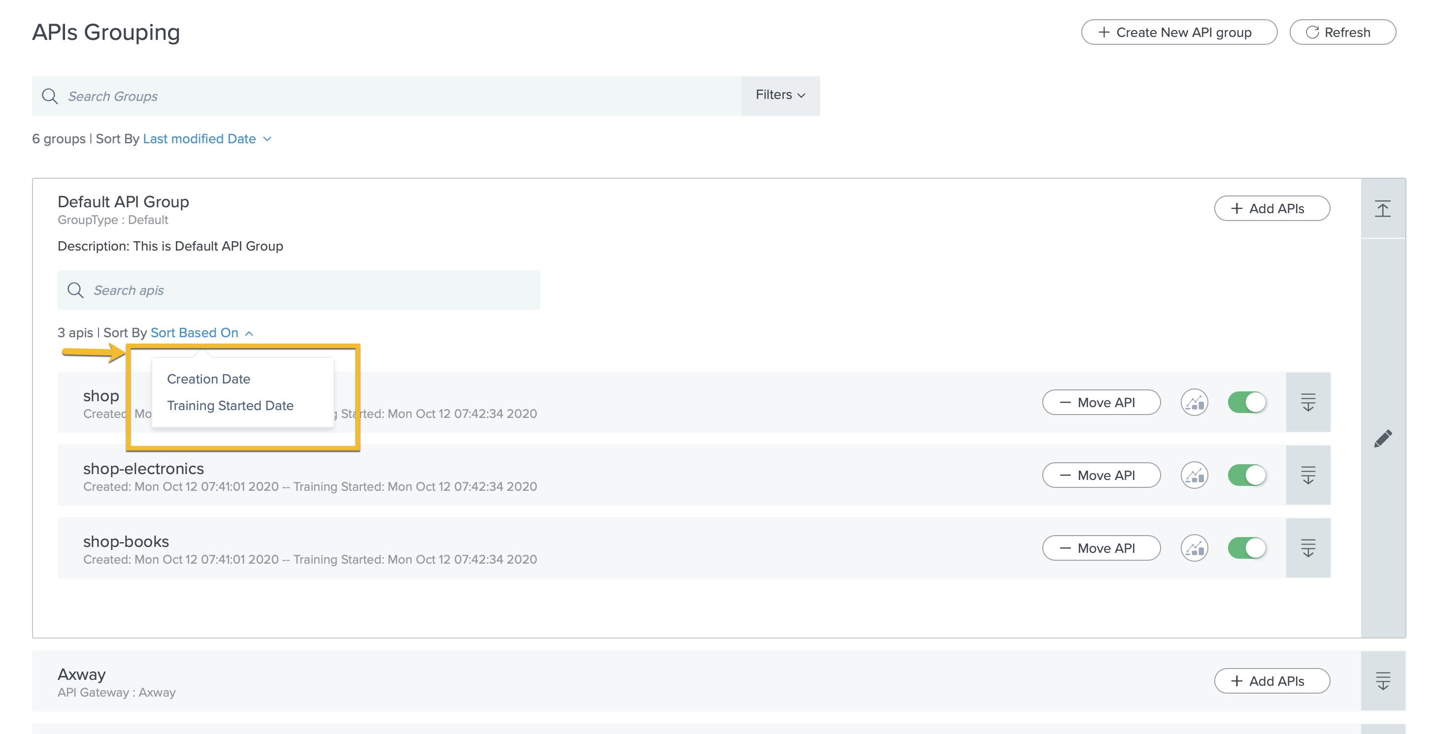 PingIntelligence API grouping - APIs sort