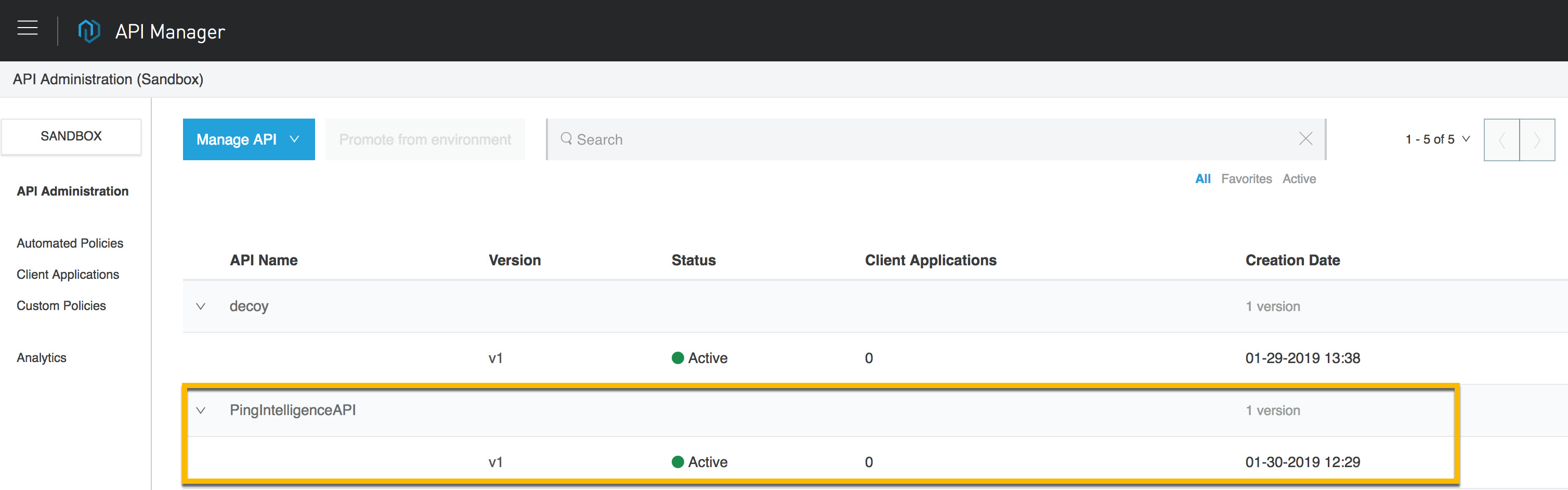 A screenshot of the API Administration page with the PingIntelligenceAPI highlighted with a yellow box.