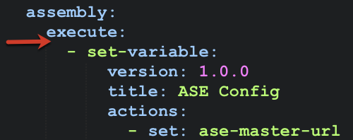 A screen capture of the source editor with a red arrow pointing to set-variable.