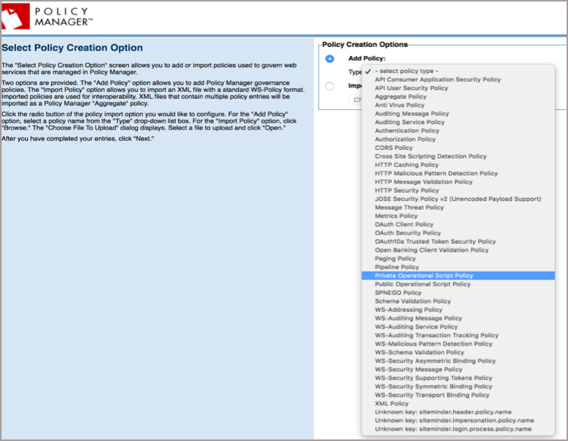 A screenshot of the Select Policy Creation Option page in Akana Policy Manager.