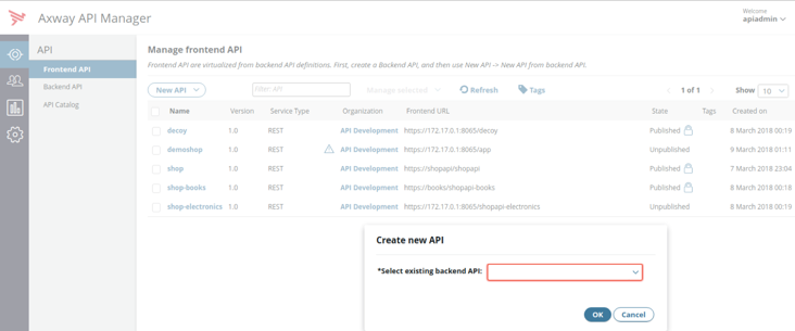 A screen capture of the Create new API window with the Select existing backend API field highlighted.