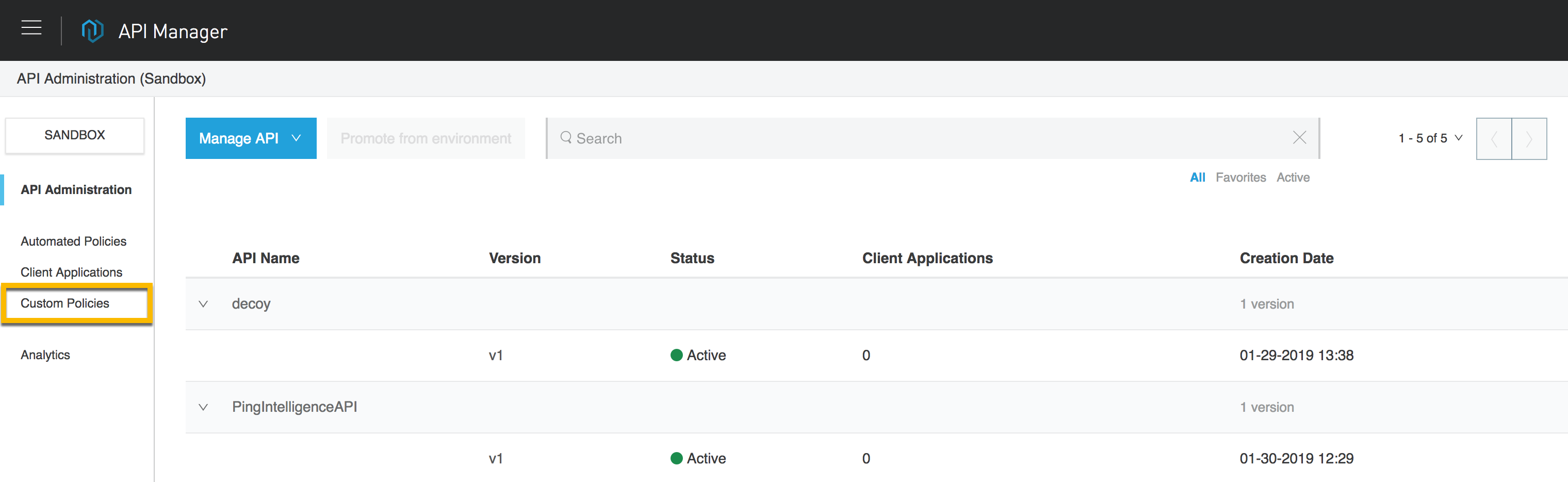 A screen capture of API Manager with the Custom Policies left navigation link highlighted with a yellow box.