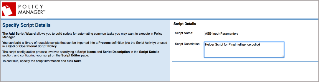 A screenshot of the Specify Script Details page in Akana Policy Manager.