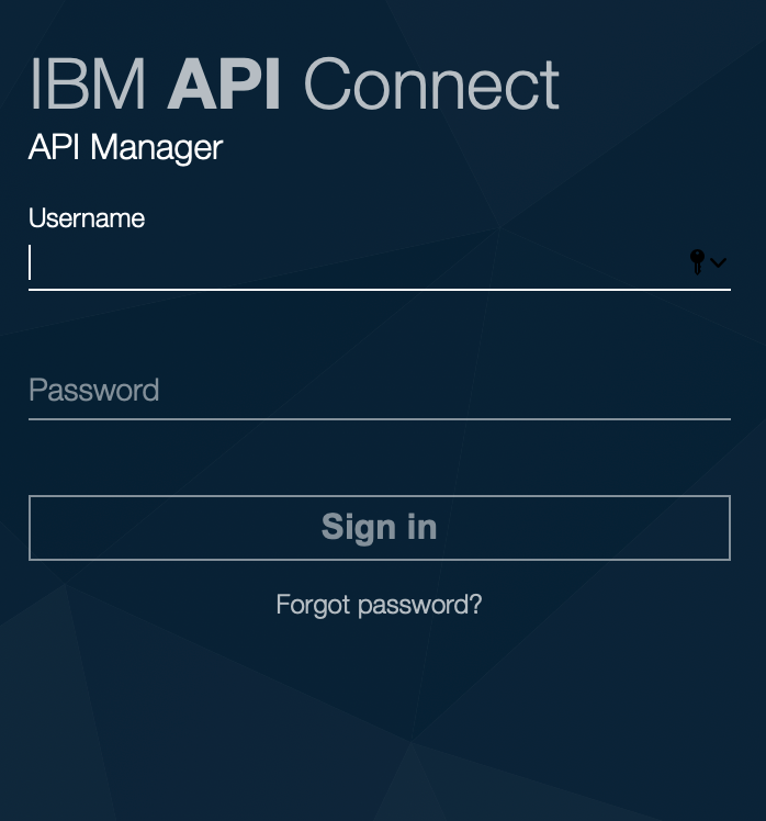 A screen capture of the IBM API Connect API Manager sign-on page.