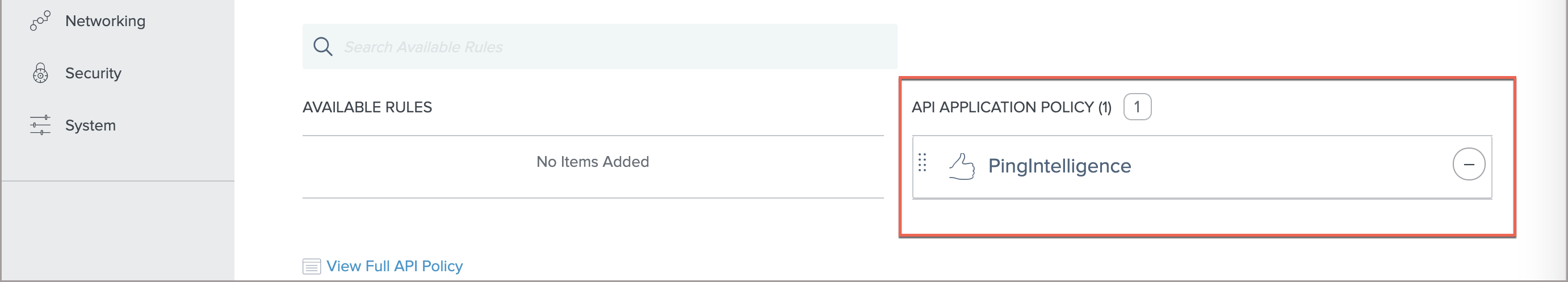 A screen capture of the PingOne API Intelligence rule in the API Application Policy column.