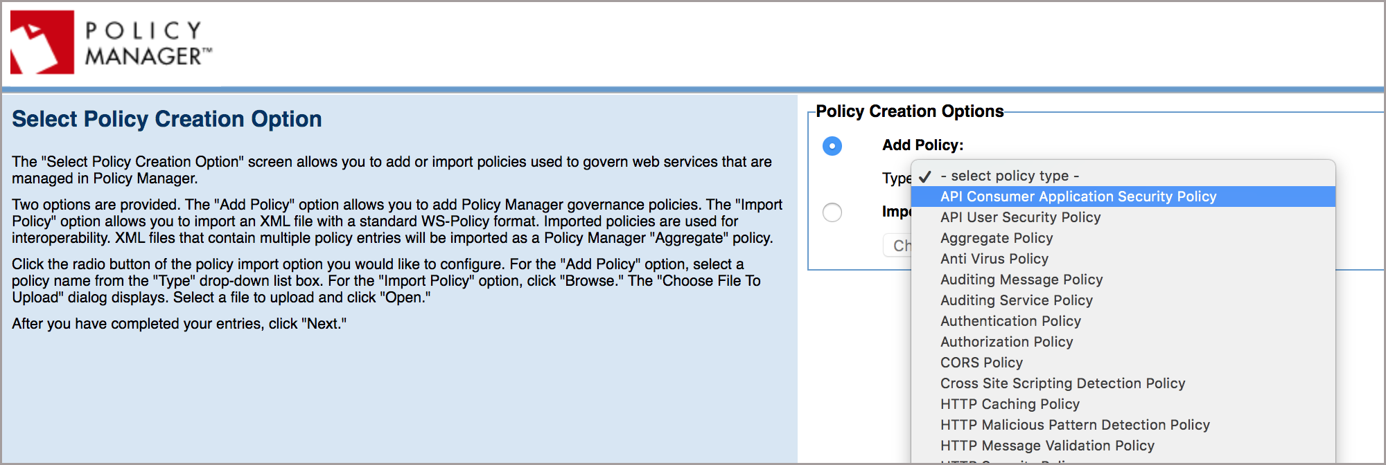 A screenshot of the Select Policy Creation Option page in Akana Policy Manager.