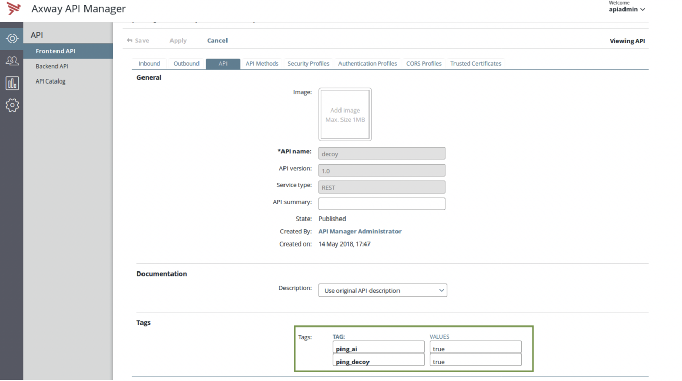 A screenshot of the Frontend API page on the API tab in Axway API Manager. The tags field have a green square around them.