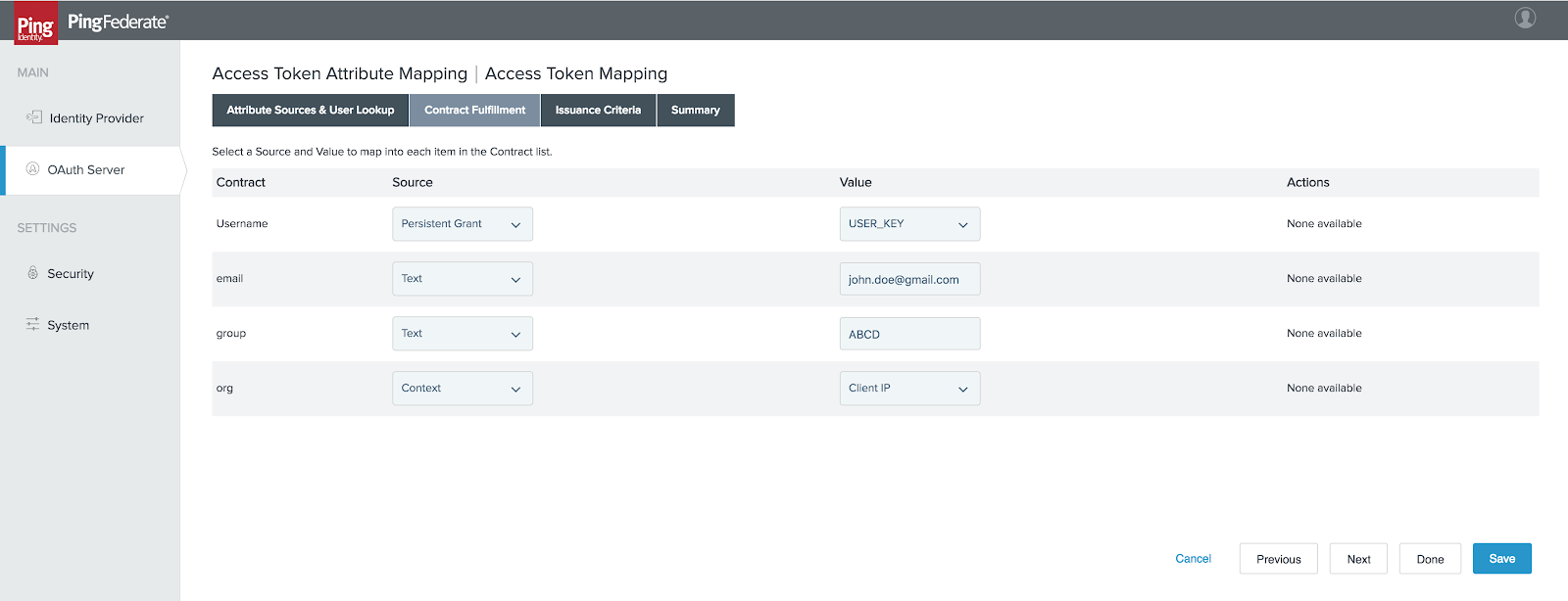 A screen capture of the Access Token Attribute Mapping \| Access Token Mapping page on the Contract Fulfillment tab.