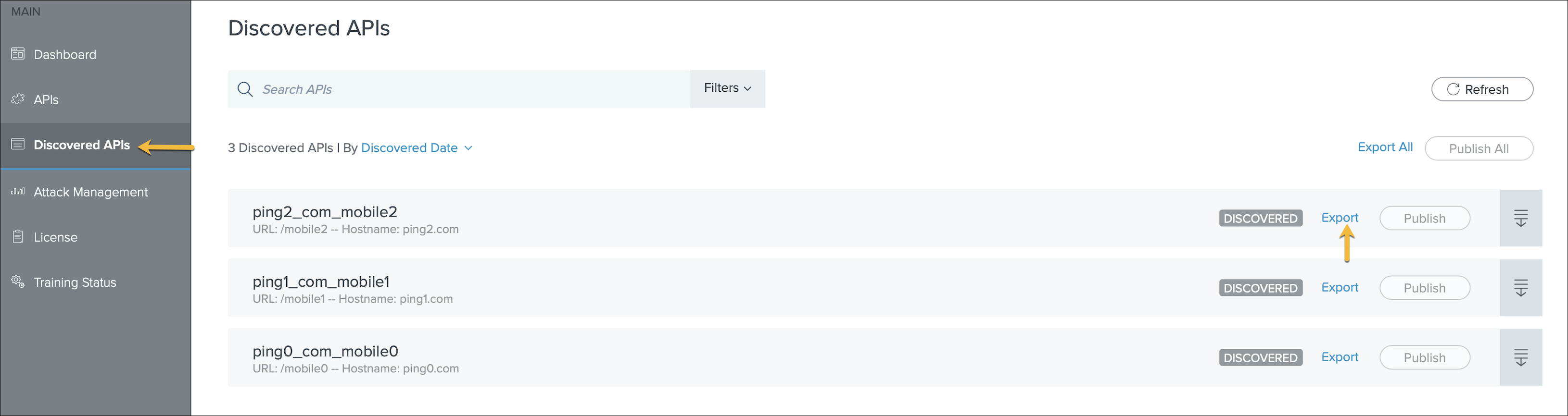 A screen capture of the Discovered APIs page in the PingIntelligence Dashboard with a yellow arrow pointing to Discovered APIs in the left navigation pane and a second yellow arrow pointing to the Export link next to an API definition.