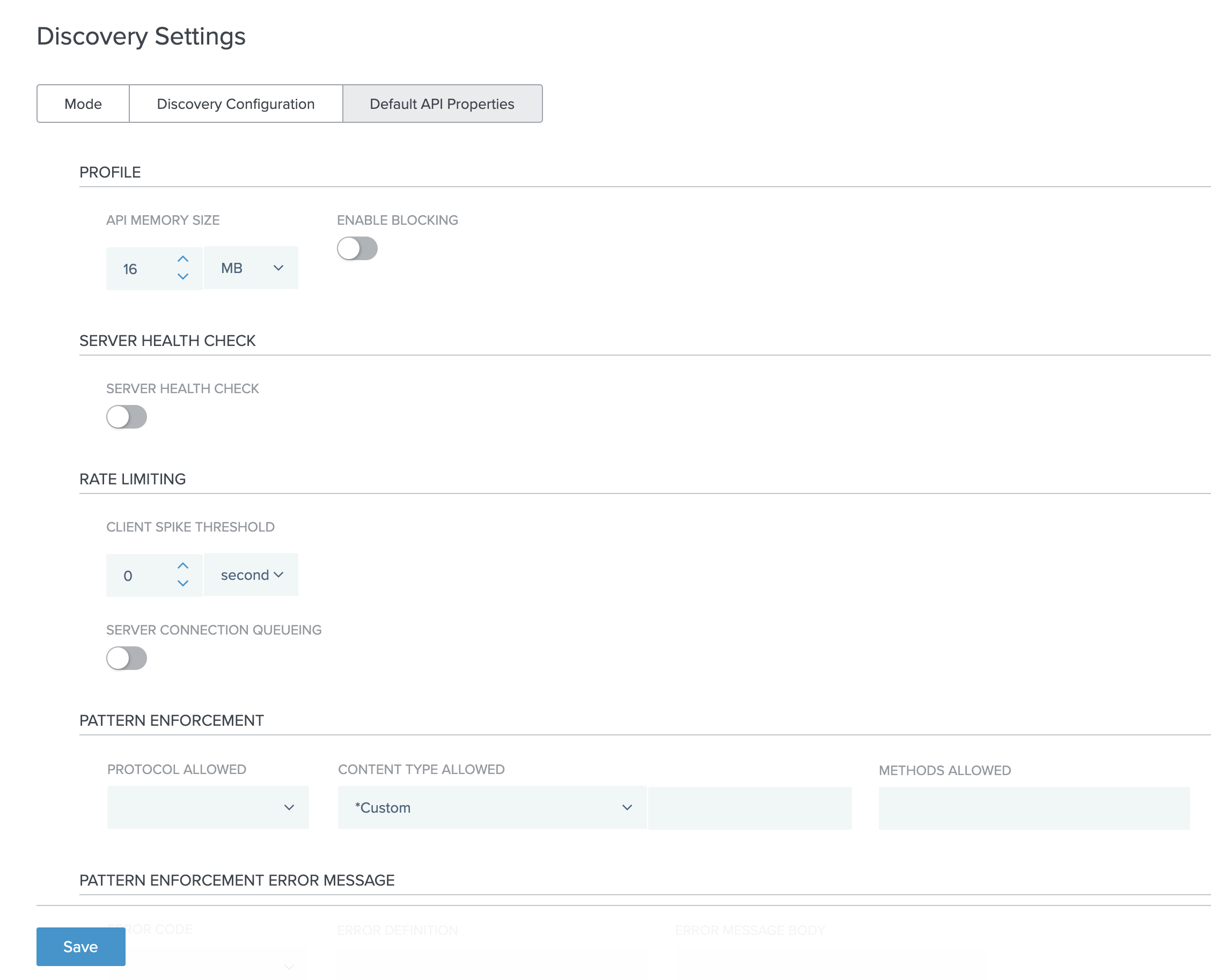 Screen capture of PingIntelligence discovery settings- default API properties.