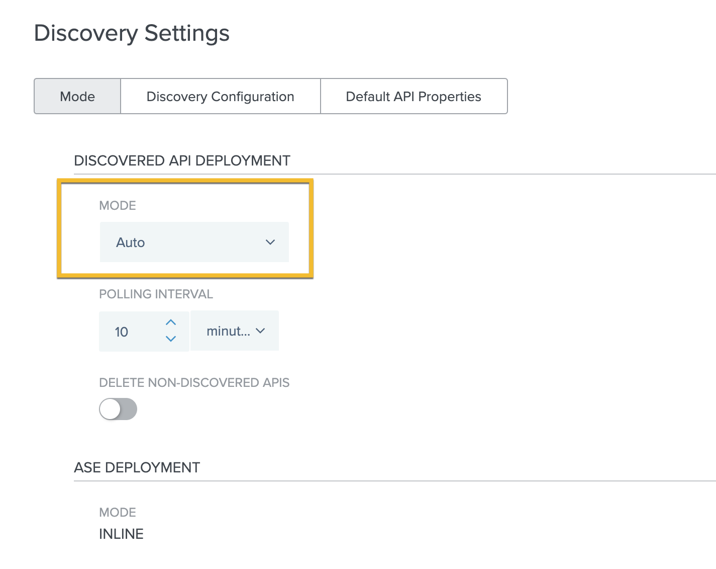 Screen capture of PingIntelligence discovery settings - auto mode.