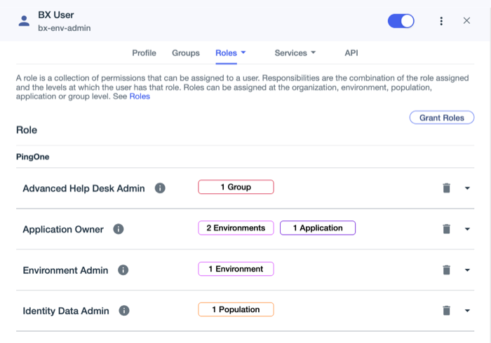 A screen capture of the user details for BX User. Roles > Administrator Roles is selected, and shows the assignment of the Application Owner role over 2 environments, and in a third over one application. Also shows the Environment Admin role in one environment, the Help Desk Admin role over one group, and the Identity Data Admin over one population.