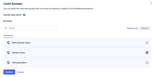 A screen capture of the Limit Access page showing one population selected out of three populations