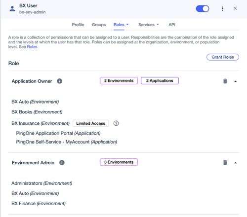 Screen capture of the Environment Admin and Application Owner roles expanded to display detailed information about the environments and applications over which the user is assigned the role.