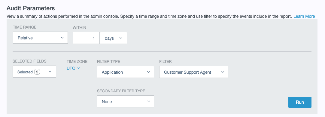 A screen capture of the Audit Parameters for AI agent events.