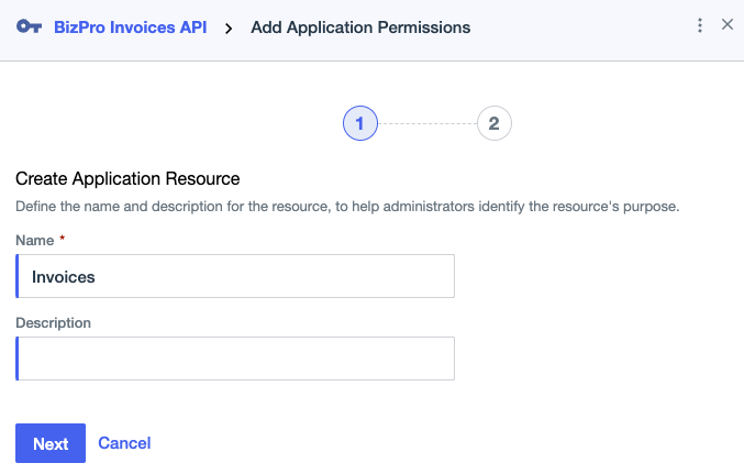 Screen capture showing the Name and Description fields in the Create Application Resource window.