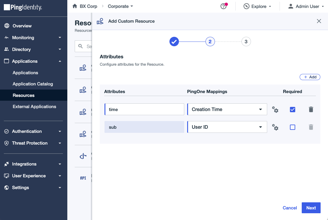 A screen capture of the Attributes step when adding a custom resource.