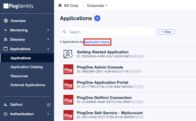 A screen capture of the Applications page with the cursor on the sort by Application Name filter.