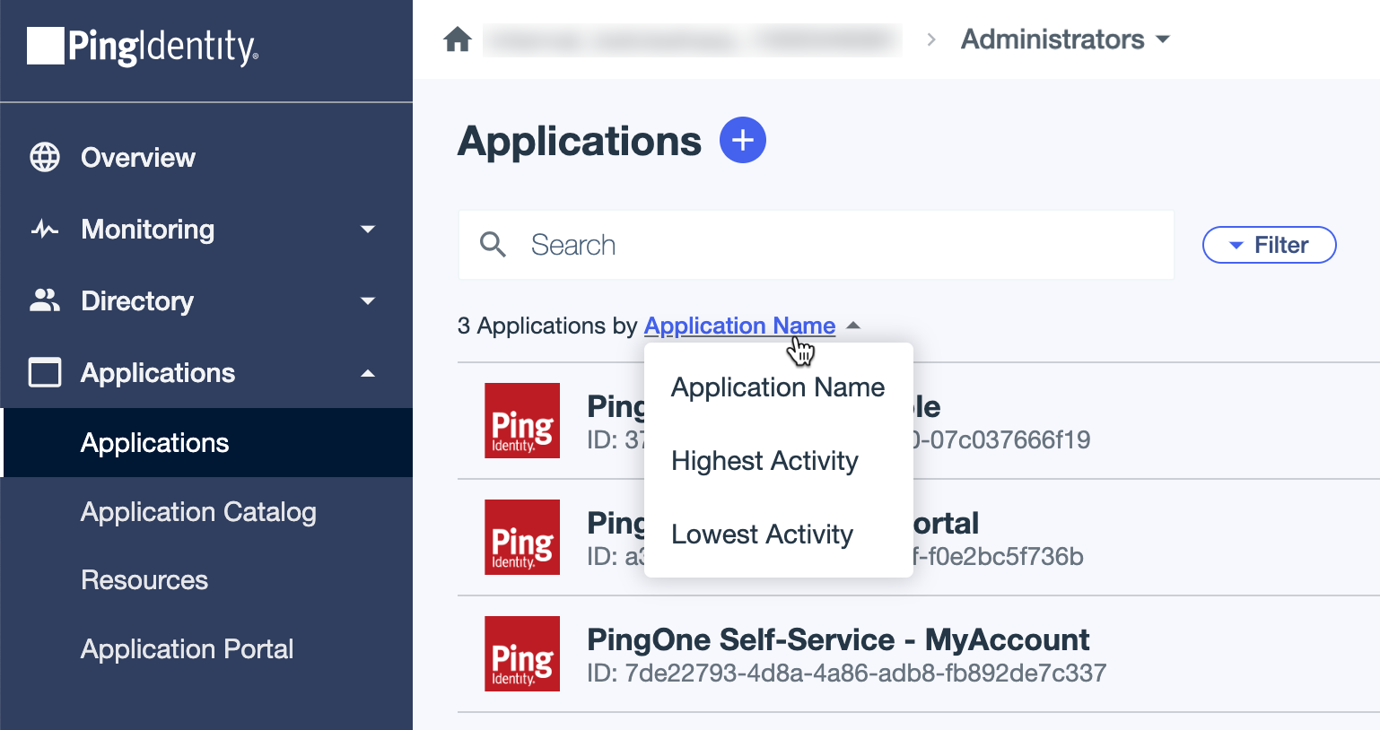 A screen capture of the Applications page with the cursor on the sort by Application Name filter.