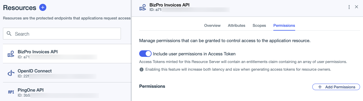 Screen capture showing the Include user permissions in Access Token toggle and the + Add Permissions button on the Permissions tab.