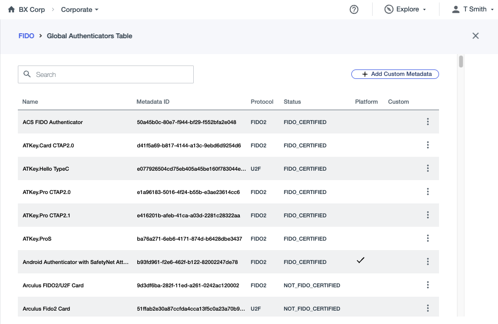 The Global Authenticators Table showing the search bar, and the option to Add Custom Metadata