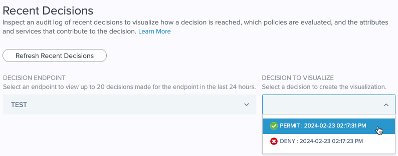 Screen capture of the expanded Select Decision to Visualize list.