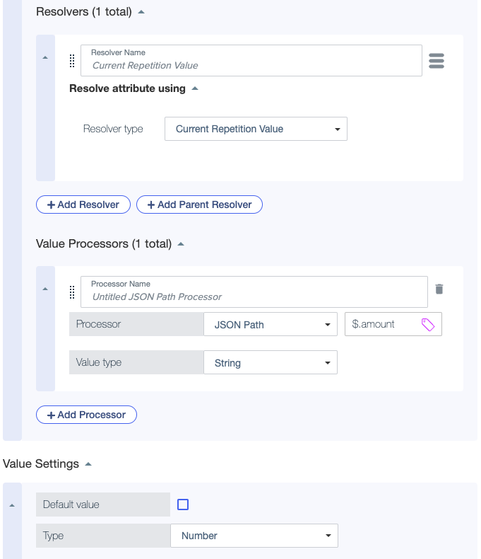 Screen capture showing the Resolver type set to Current Repetition Value and a Value Processor with a JSON Path processor expression that gets the transaction amount.