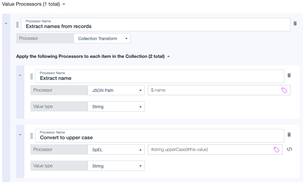 Screen capture showing a collection transform that extracts names and converts them to upper case