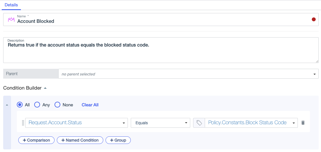 Screen capture showing a condition comparing an Account Status attribute to a Block Status Code attribute using the Equals comparator.