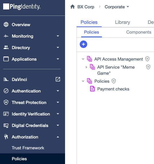 Screen capture showing the Policies and API Access Management root policy sets, the shield icon , and a policy nested under root policy set.