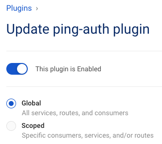 Screen capture of the Enable toggle for the ping-auth plugin in Kong Manager.