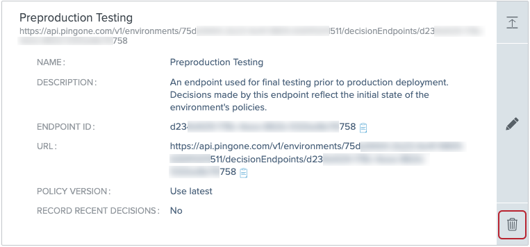 Screen capture of an expanded Test endpoint in Decision Endpoints showing the Delete icon.