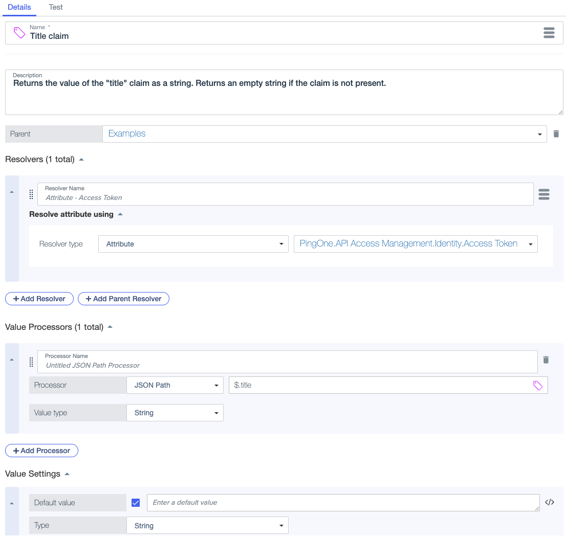 Screen capture showing an Access Token attribute resolver and a JSON Path value processor that work together to extract the custom Title claim from the access token.