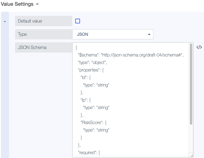 Screen capture showing an example JSON schema in attribute Value Settings.