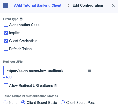 Screen capture showing the Client Credentials check box, Redirect URIs field, and Token Endpoint Authentication Method options for the banking application.