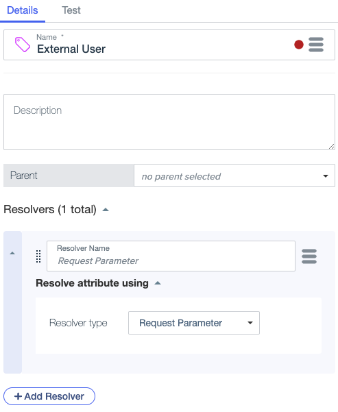 Screen capture showing the External User attribute with a Request Parameter resolver.