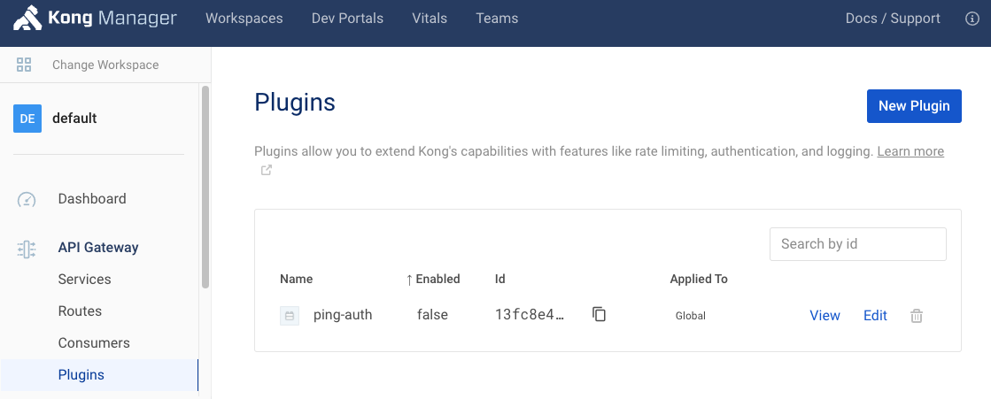 Screen capture of the Plugins page in Kong Manager showing the ping-auth plugin.