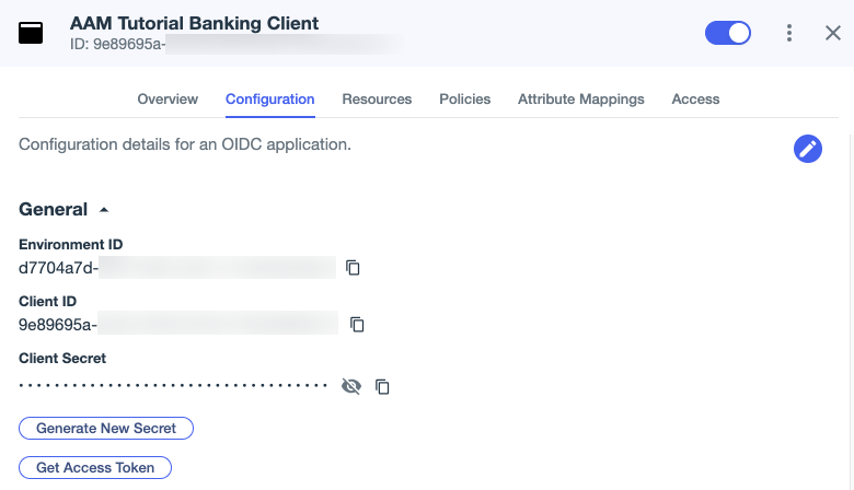 Screen capture of banking app Configuration tab showing the Environment ID, Client ID, Client Secret, and associated copy icons.