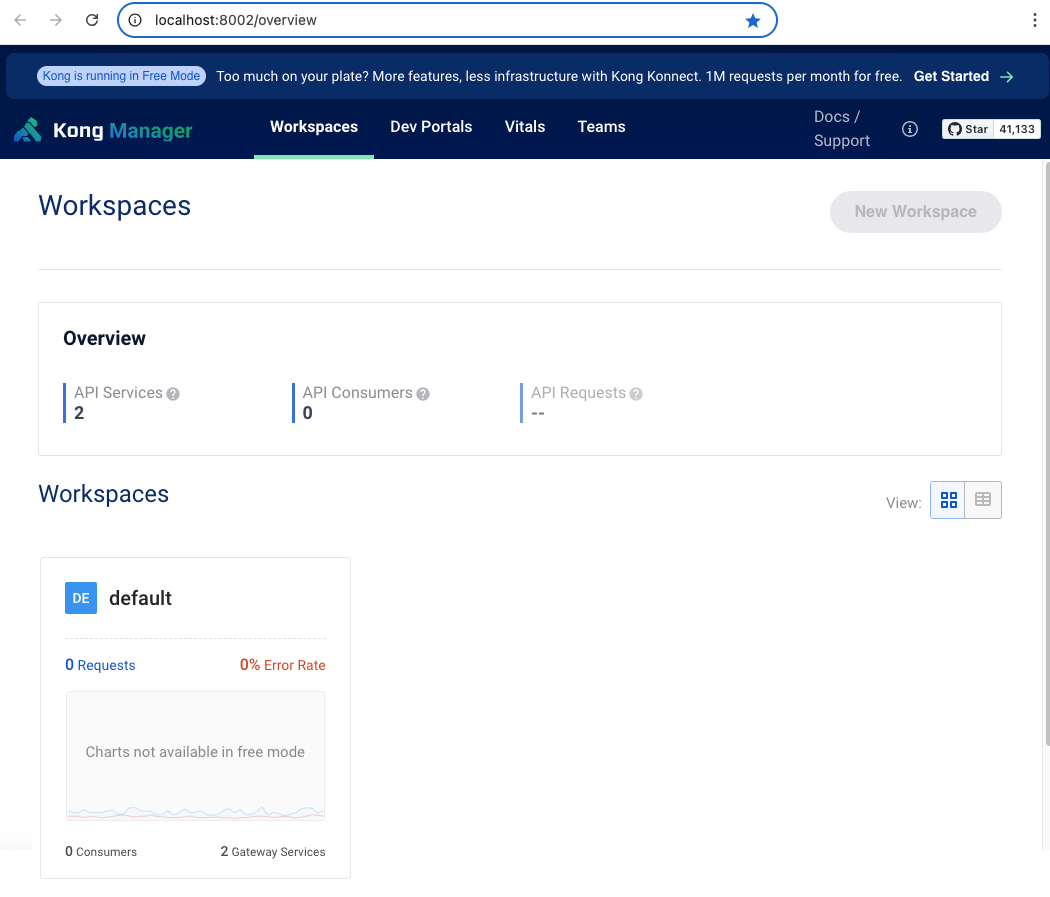 Screen capture of the Kong Manager showing the Overview and Workspaces.