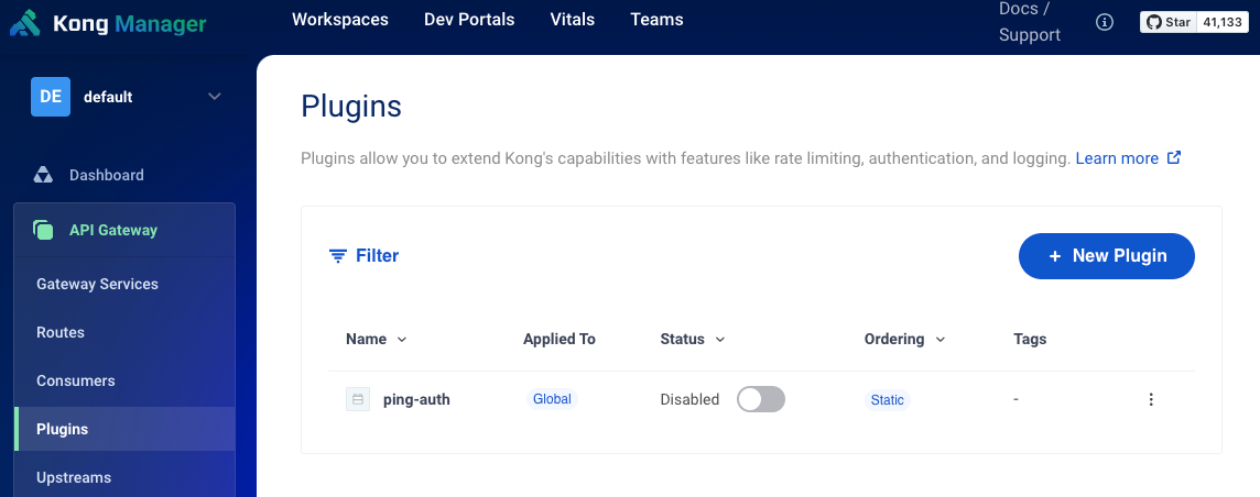 Screen capture of the Plugins page in Kong Manager showing the ping-auth plugin.