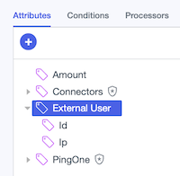 Screen capture showing generated Id and Ip attributes nested under the External User attribute on the Attributes tab