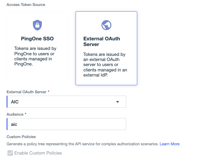 Screen capture showing the External OAuth Server and Audience options in the New API Service window.