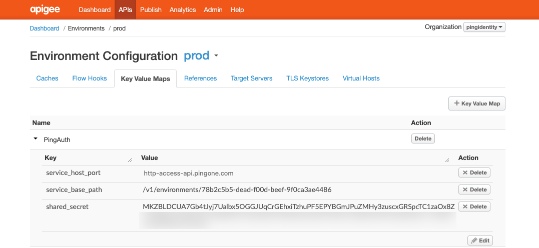 Screen capture of the Key Value Maps tab in Apigee Edge environment configuration.