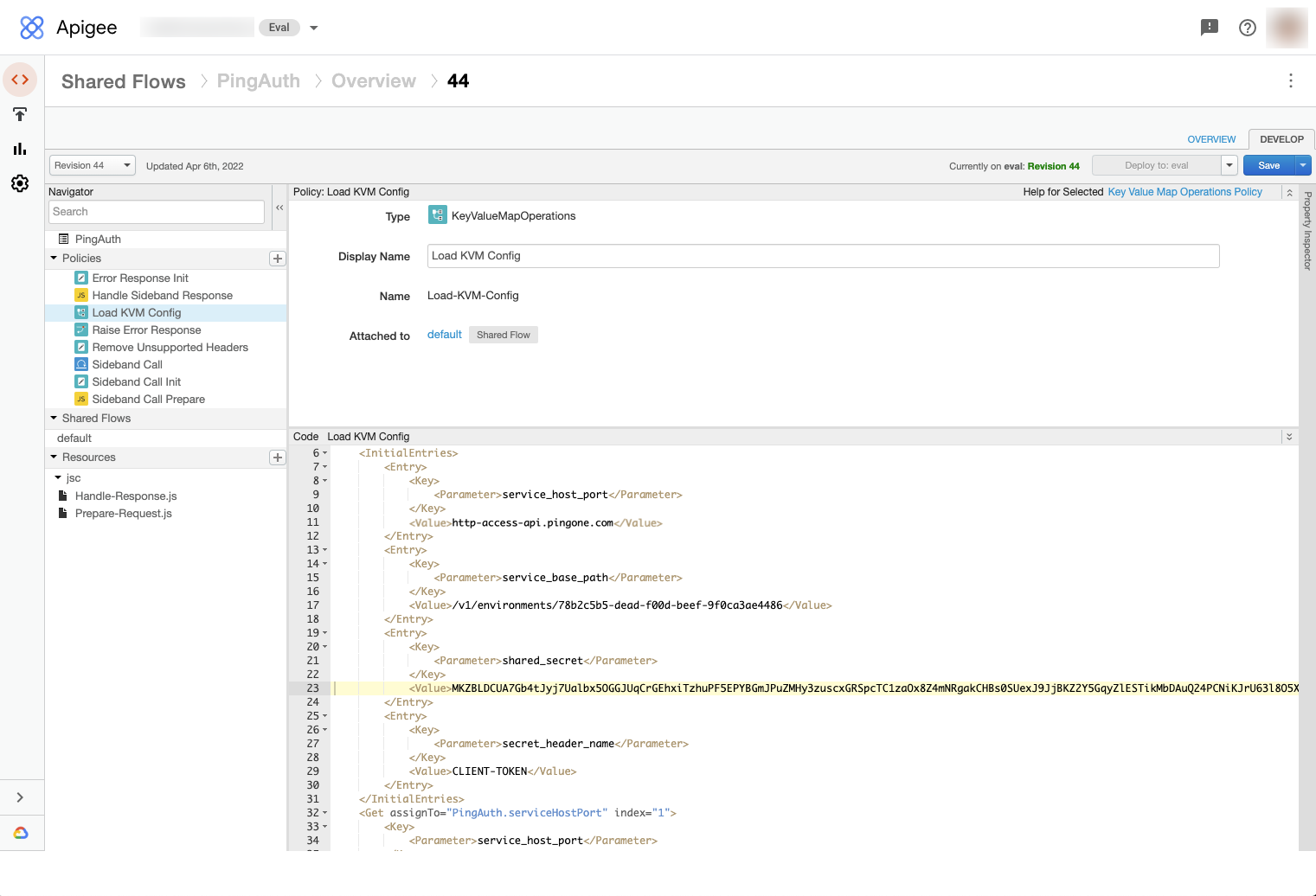 Screen capture of the PingAuth Shared Flow in Apigee X.