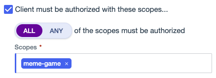 Screen capture showing the scopes basic access rule with the meme-game scope selected.