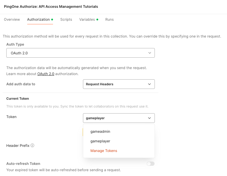 Screen capture of the Authorization tab in Postman showing available tokens.