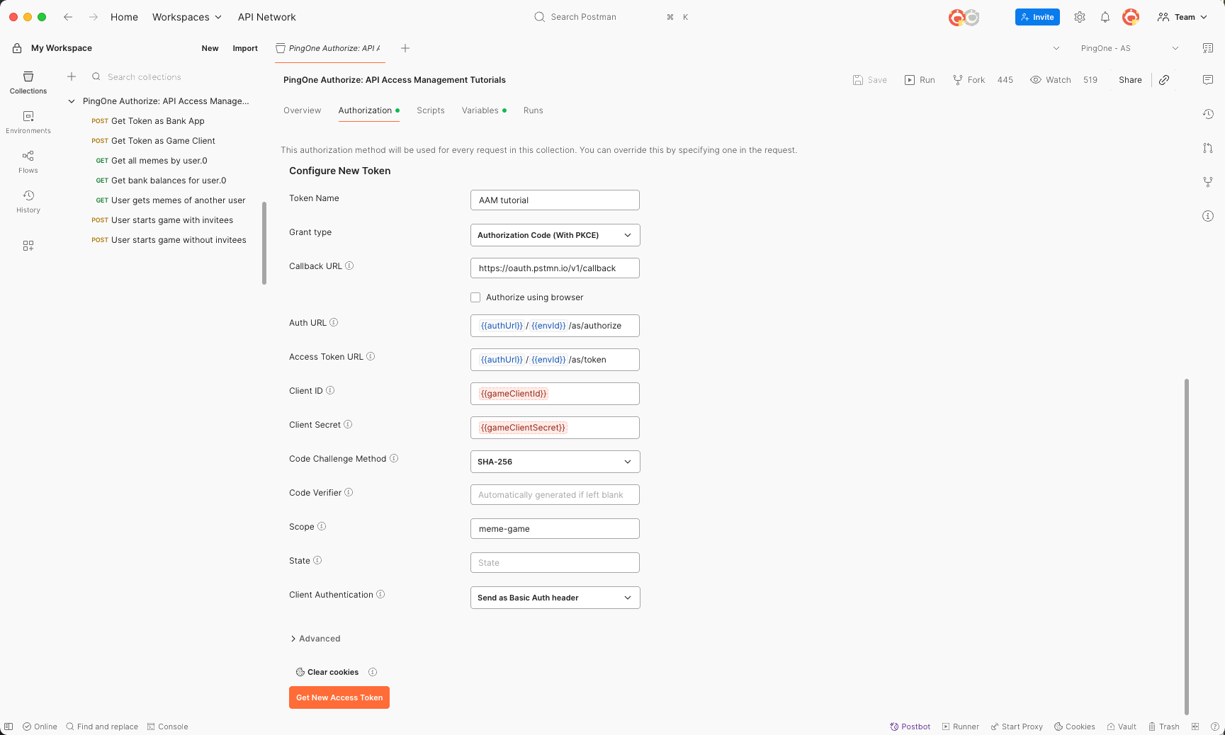 Screen capture of the PingOne Authorize: API Access Management Tutorials collection in Postman showing the Authorization tab.