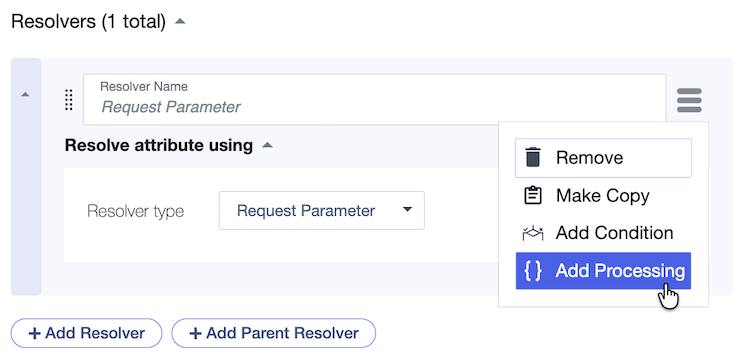 Screen capture showing processor fields in the Then apply value processors section of a resolver.