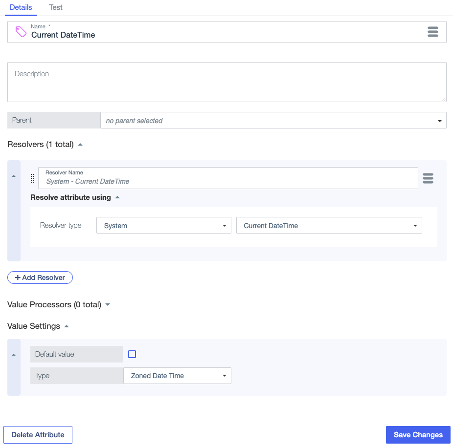 Screen capture showing an attribute with a Current DateTime system resolver.