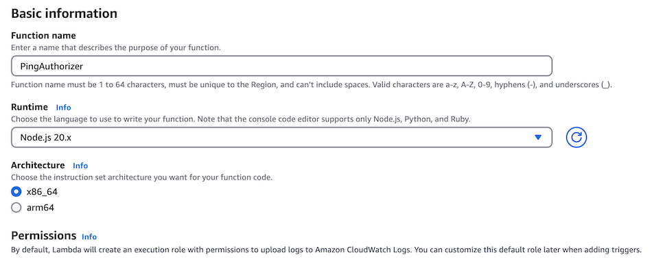 Screen capture of the Lambda runtime settings configured with Node.js 20.x selected as the Runtime, aws-lambda-authorizer file path entered as the handler, and x86_64 selected as the architecture